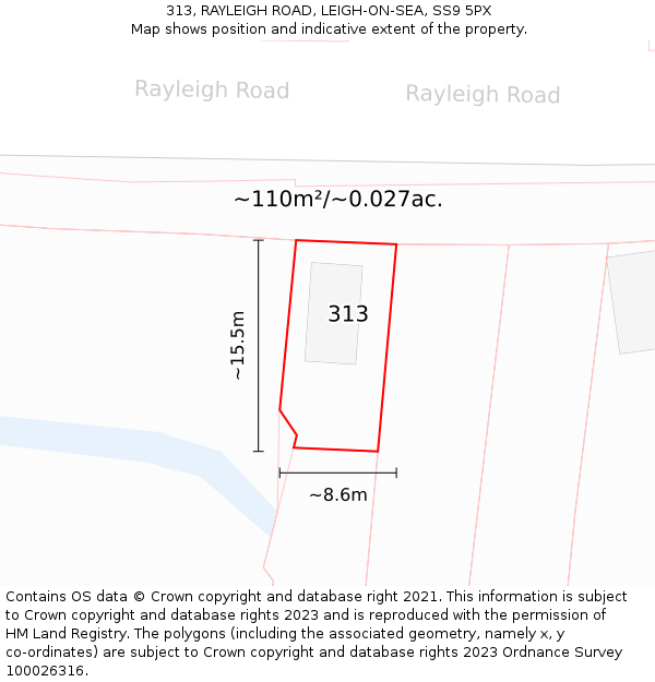 313, RAYLEIGH ROAD, LEIGH-ON-SEA, SS9 5PX: Plot and title map