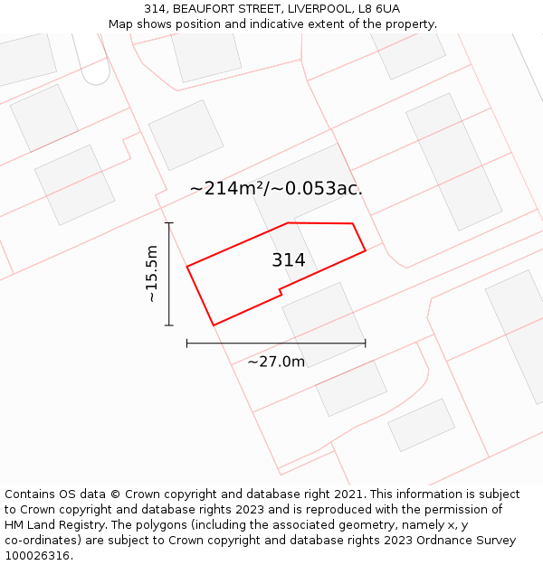314, BEAUFORT STREET, LIVERPOOL, L8 6UA: Plot and title map