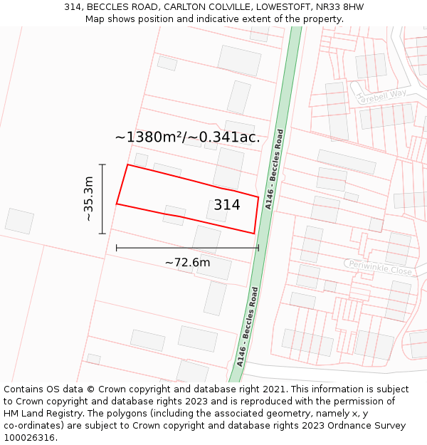 314, BECCLES ROAD, CARLTON COLVILLE, LOWESTOFT, NR33 8HW: Plot and title map