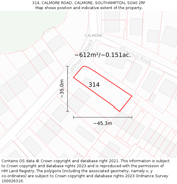 314, CALMORE ROAD, CALMORE, SOUTHAMPTON, SO40 2RF: Plot and title map