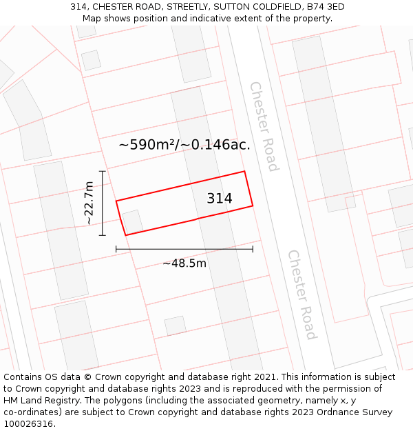 314, CHESTER ROAD, STREETLY, SUTTON COLDFIELD, B74 3ED: Plot and title map