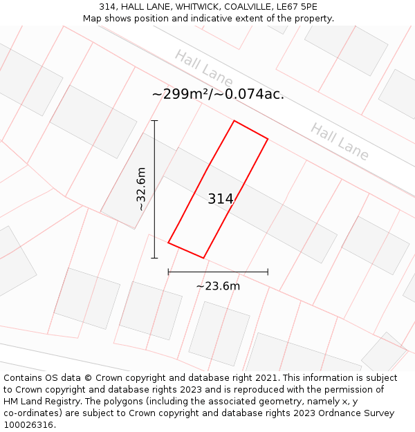 314, HALL LANE, WHITWICK, COALVILLE, LE67 5PE: Plot and title map