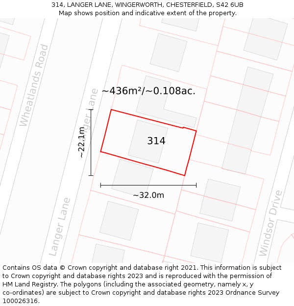314, LANGER LANE, WINGERWORTH, CHESTERFIELD, S42 6UB: Plot and title map