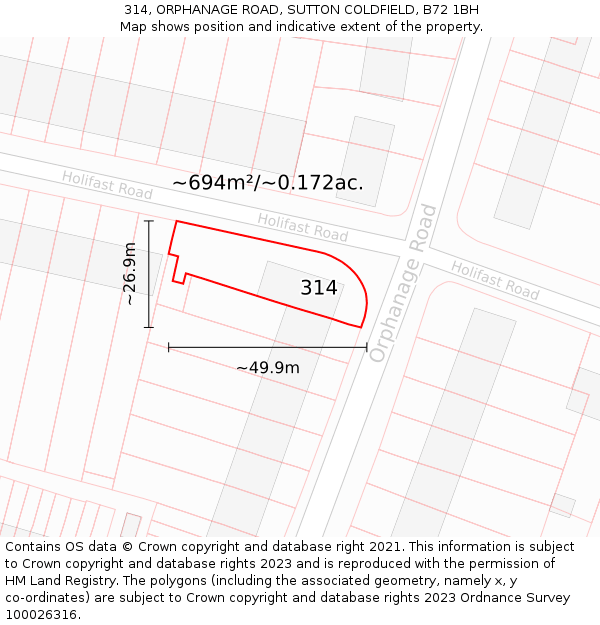 314, ORPHANAGE ROAD, SUTTON COLDFIELD, B72 1BH: Plot and title map