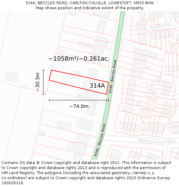 314A, BECCLES ROAD, CARLTON COLVILLE, LOWESTOFT, NR33 8HW: Plot and title map