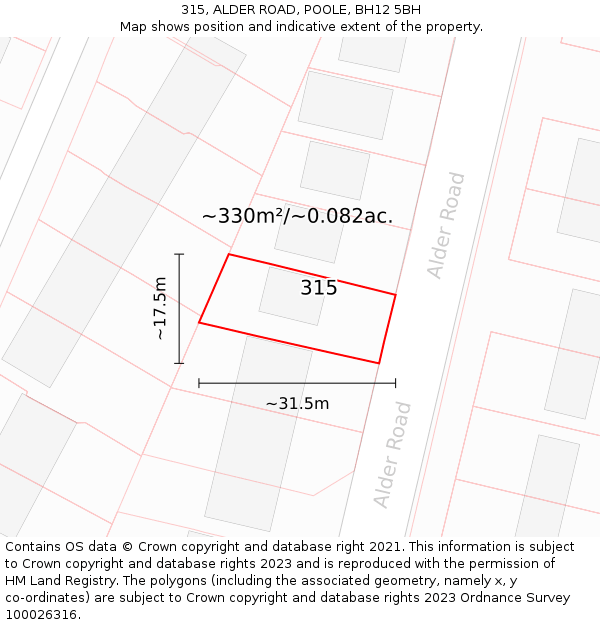 315, ALDER ROAD, POOLE, BH12 5BH: Plot and title map