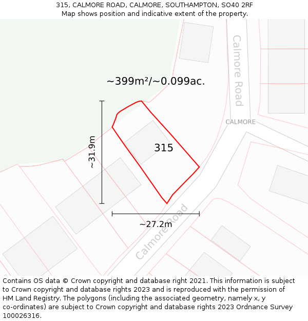 315, CALMORE ROAD, CALMORE, SOUTHAMPTON, SO40 2RF: Plot and title map