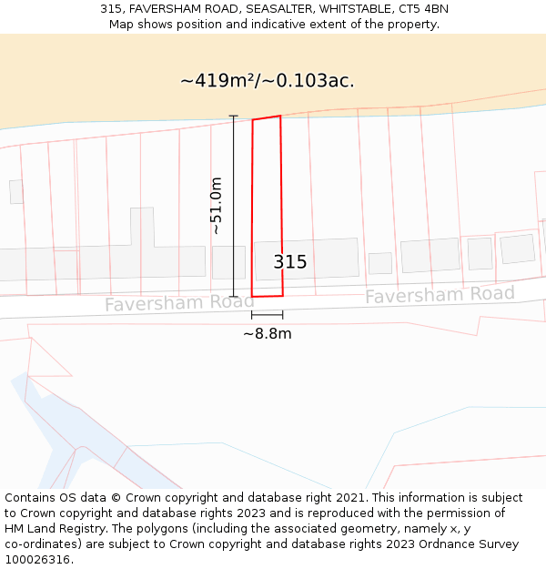 315, FAVERSHAM ROAD, SEASALTER, WHITSTABLE, CT5 4BN: Plot and title map