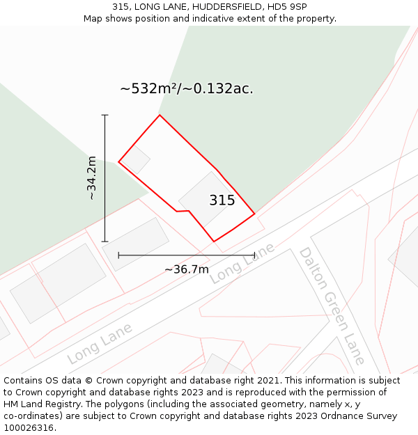 315, LONG LANE, HUDDERSFIELD, HD5 9SP: Plot and title map