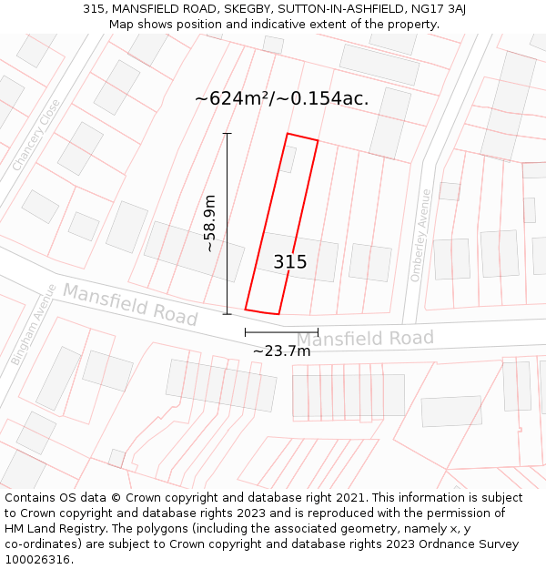 315, MANSFIELD ROAD, SKEGBY, SUTTON-IN-ASHFIELD, NG17 3AJ: Plot and title map
