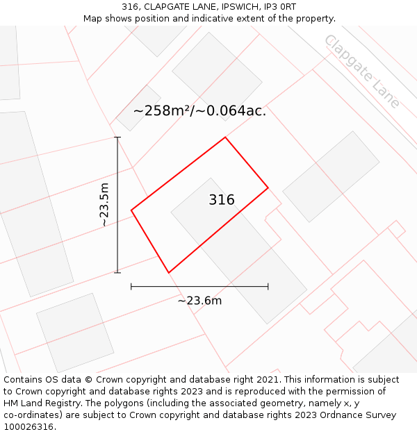 316, CLAPGATE LANE, IPSWICH, IP3 0RT: Plot and title map