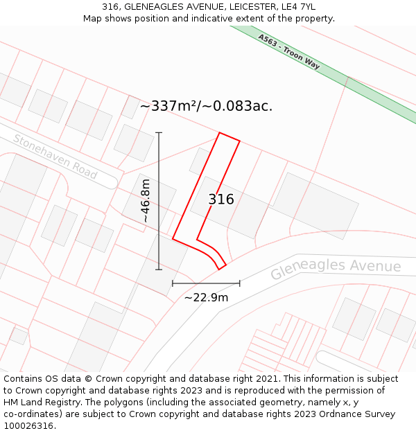316, GLENEAGLES AVENUE, LEICESTER, LE4 7YL: Plot and title map