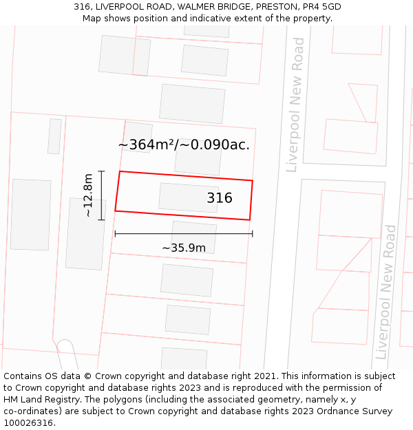 316, LIVERPOOL ROAD, WALMER BRIDGE, PRESTON, PR4 5GD: Plot and title map