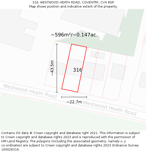 316, WESTWOOD HEATH ROAD, COVENTRY, CV4 8GP: Plot and title map