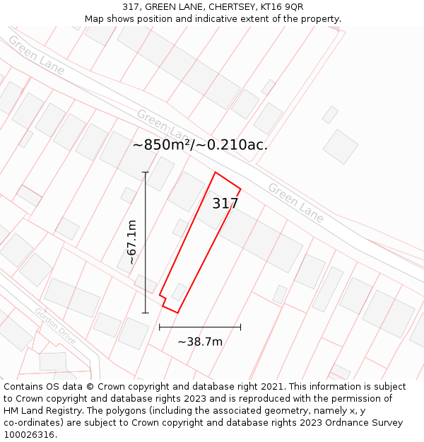 317, GREEN LANE, CHERTSEY, KT16 9QR: Plot and title map