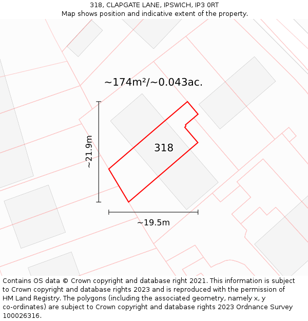 318, CLAPGATE LANE, IPSWICH, IP3 0RT: Plot and title map