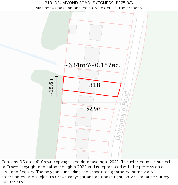 318, DRUMMOND ROAD, SKEGNESS, PE25 3AY: Plot and title map