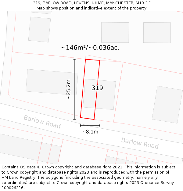 319, BARLOW ROAD, LEVENSHULME, MANCHESTER, M19 3JF: Plot and title map