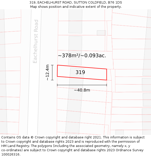 319, EACHELHURST ROAD, SUTTON COLDFIELD, B76 1DS: Plot and title map