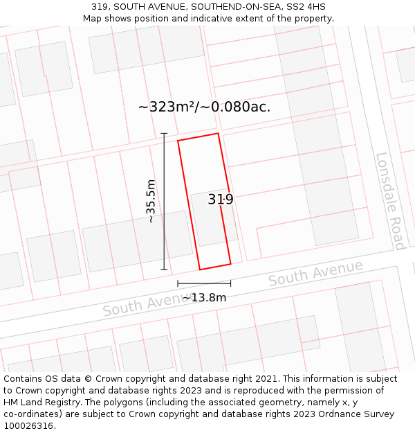 319, SOUTH AVENUE, SOUTHEND-ON-SEA, SS2 4HS: Plot and title map