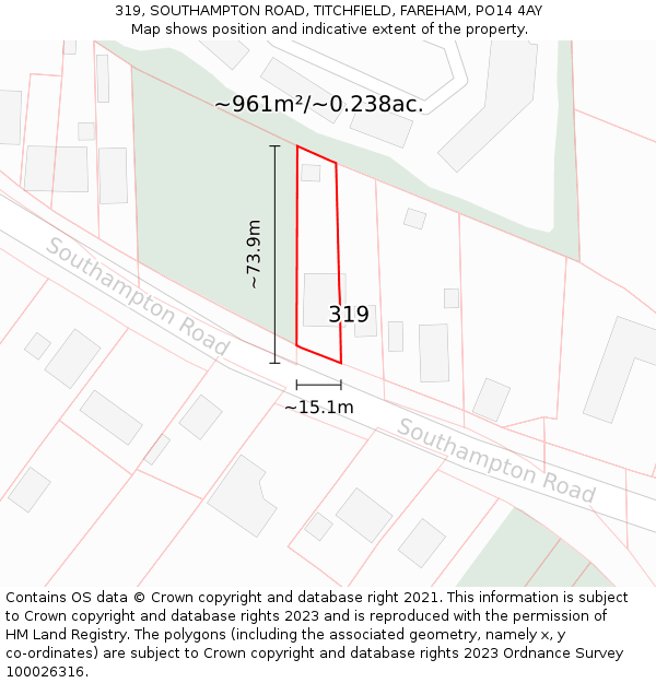 319, SOUTHAMPTON ROAD, TITCHFIELD, FAREHAM, PO14 4AY: Plot and title map