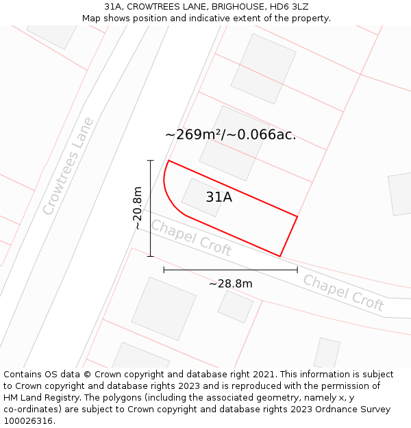 31A, CROWTREES LANE, BRIGHOUSE, HD6 3LZ: Plot and title map