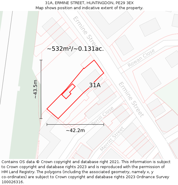 31A, ERMINE STREET, HUNTINGDON, PE29 3EX: Plot and title map