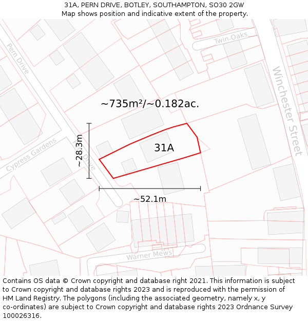 31A, PERN DRIVE, BOTLEY, SOUTHAMPTON, SO30 2GW: Plot and title map