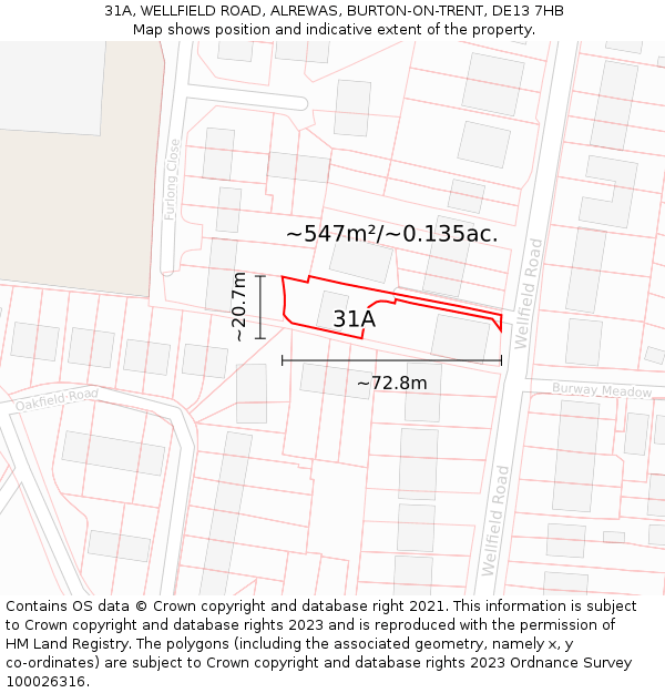 31A, WELLFIELD ROAD, ALREWAS, BURTON-ON-TRENT, DE13 7HB: Plot and title map