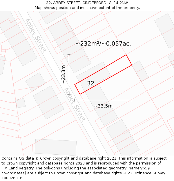 32, ABBEY STREET, CINDERFORD, GL14 2NW: Plot and title map