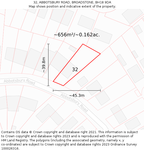 32, ABBOTSBURY ROAD, BROADSTONE, BH18 9DA: Plot and title map