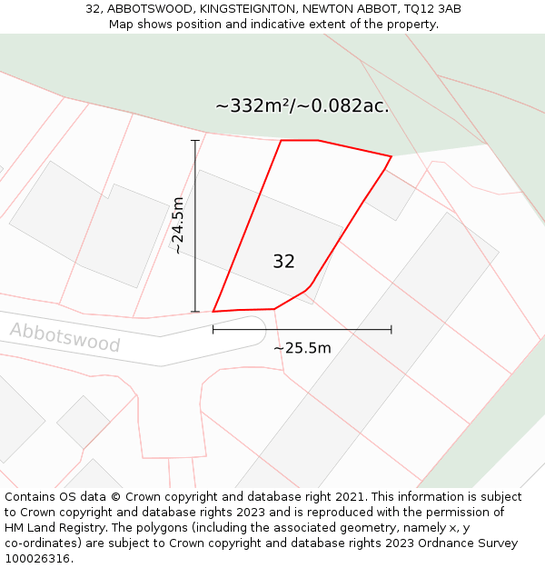 32, ABBOTSWOOD, KINGSTEIGNTON, NEWTON ABBOT, TQ12 3AB: Plot and title map