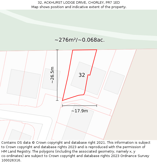 32, ACKHURST LODGE DRIVE, CHORLEY, PR7 1ED: Plot and title map