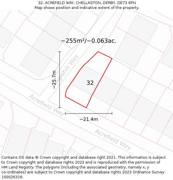 32, ACREFIELD WAY, CHELLASTON, DERBY, DE73 6PN: Plot and title map