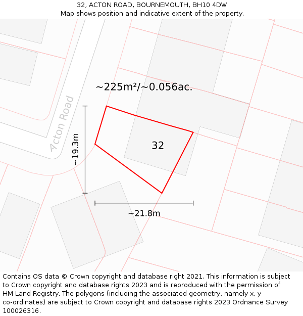 32, ACTON ROAD, BOURNEMOUTH, BH10 4DW: Plot and title map