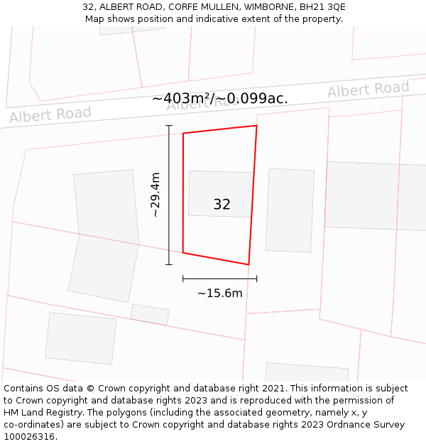 32, ALBERT ROAD, CORFE MULLEN, WIMBORNE, BH21 3QE: Plot and title map