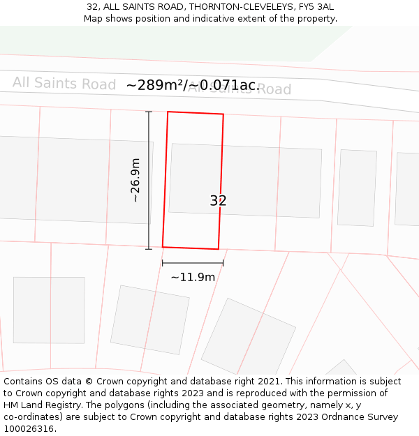 32, ALL SAINTS ROAD, THORNTON-CLEVELEYS, FY5 3AL: Plot and title map