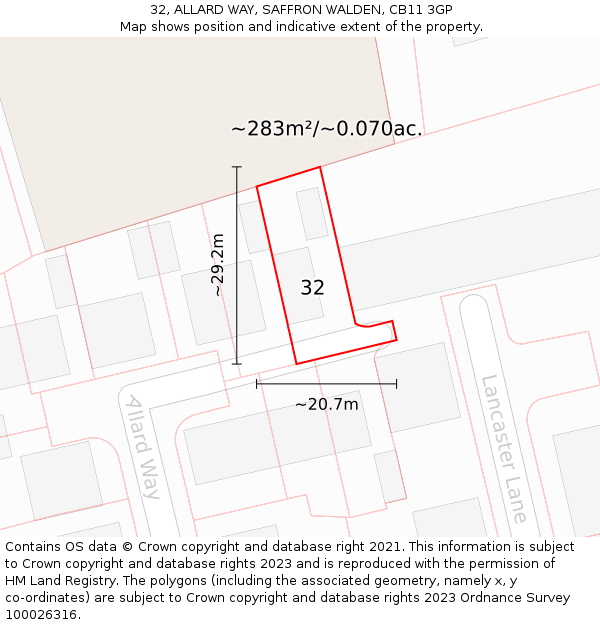 32, ALLARD WAY, SAFFRON WALDEN, CB11 3GP: Plot and title map