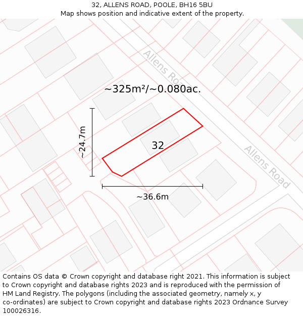 32, ALLENS ROAD, POOLE, BH16 5BU: Plot and title map