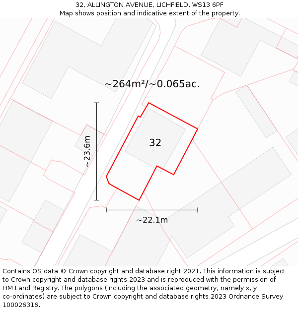 32, ALLINGTON AVENUE, LICHFIELD, WS13 6PF: Plot and title map
