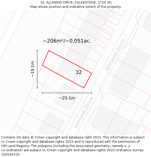 32, ALLMAND DRIVE, FOLKESTONE, CT20 3FJ: Plot and title map