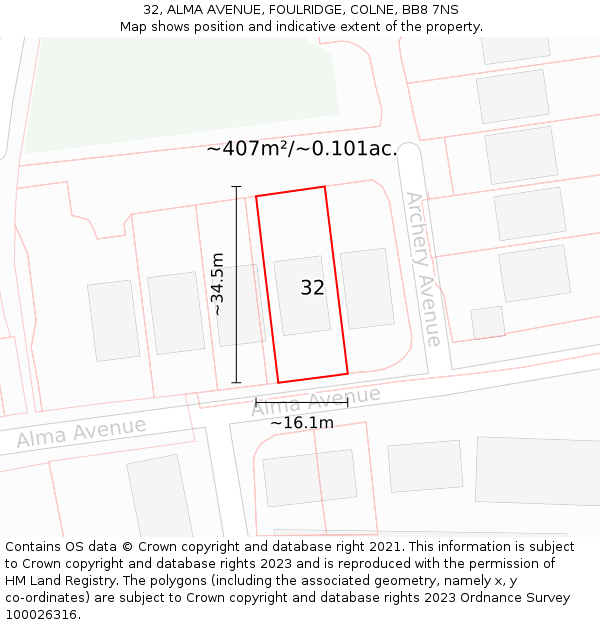 32, ALMA AVENUE, FOULRIDGE, COLNE, BB8 7NS: Plot and title map