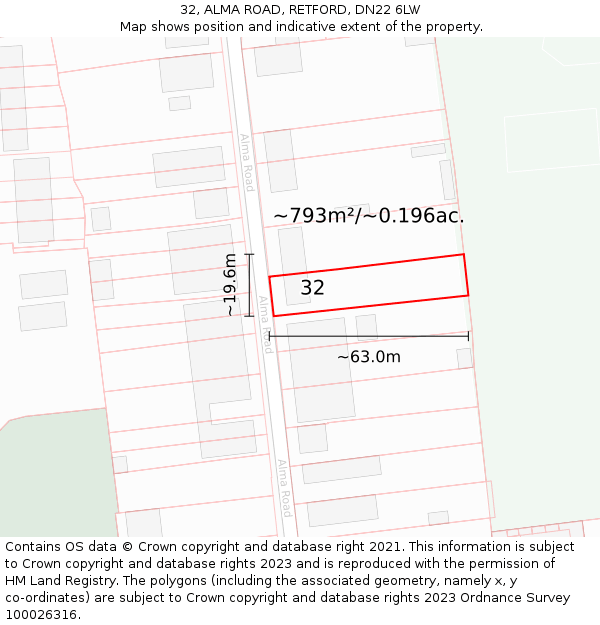 32, ALMA ROAD, RETFORD, DN22 6LW: Plot and title map