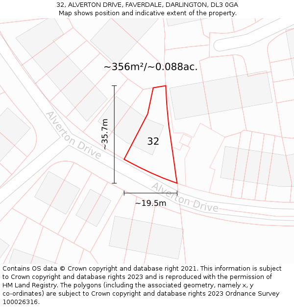 32, ALVERTON DRIVE, FAVERDALE, DARLINGTON, DL3 0GA: Plot and title map
