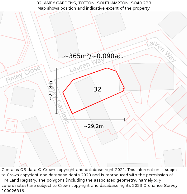 32, AMEY GARDENS, TOTTON, SOUTHAMPTON, SO40 2BB: Plot and title map
