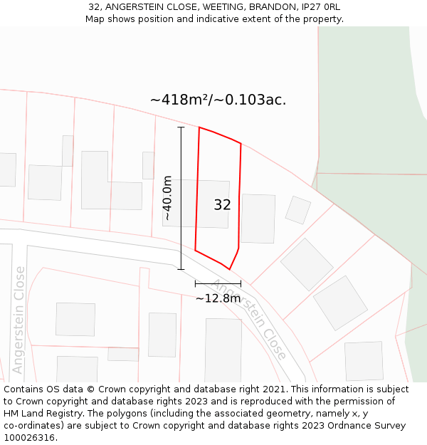 32, ANGERSTEIN CLOSE, WEETING, BRANDON, IP27 0RL: Plot and title map