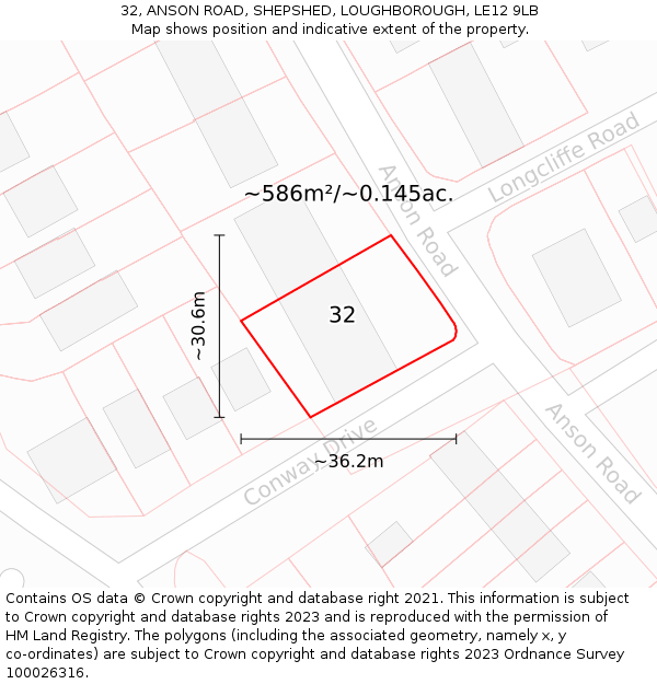 32, ANSON ROAD, SHEPSHED, LOUGHBOROUGH, LE12 9LB: Plot and title map