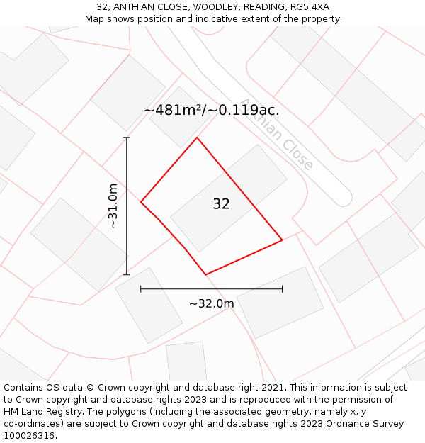 32, ANTHIAN CLOSE, WOODLEY, READING, RG5 4XA: Plot and title map
