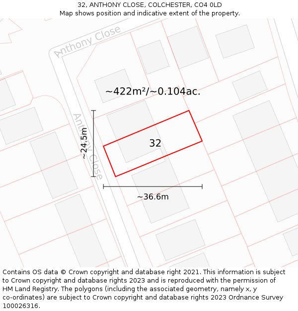 32, ANTHONY CLOSE, COLCHESTER, CO4 0LD: Plot and title map