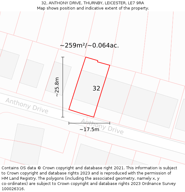 32, ANTHONY DRIVE, THURNBY, LEICESTER, LE7 9RA: Plot and title map